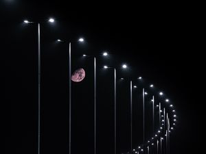 Preview wallpaper moon, night, lights, light, road, dark