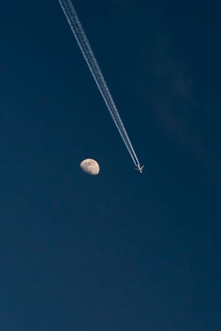 320x480 Wallpaper moon, plane, flight, sky, minimalism