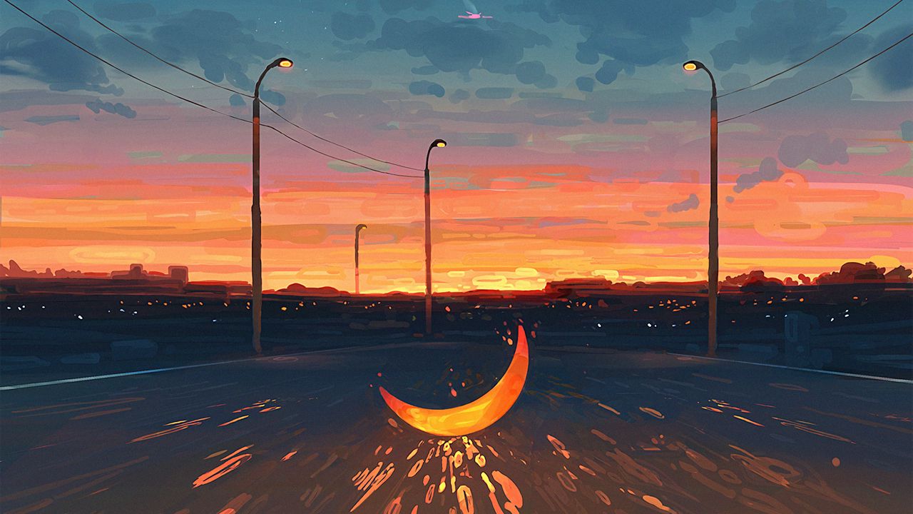 Wallpaper moon, road, art, illusion