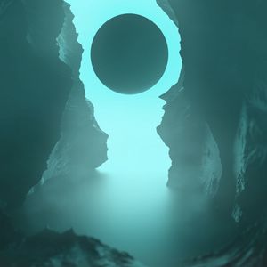 Preview wallpaper moon, rocks, fog, art