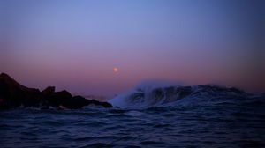 Preview wallpaper moon, rocks, sea, waves