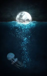 Preview wallpaper moon, sea, jellyfish, night, underwater world