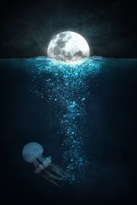 Preview wallpaper moon, sea, jellyfish, night, underwater world