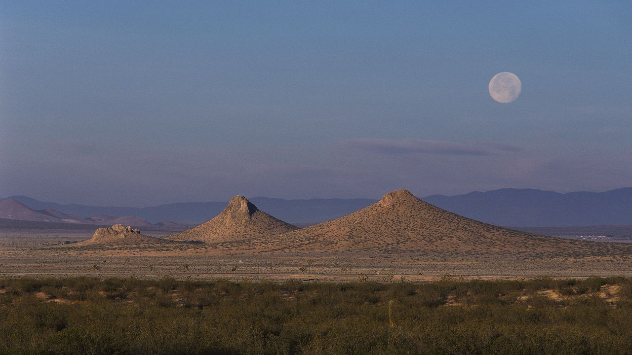 Wallpaper moon, sky, desert, mountains, sand, vegetation, tops