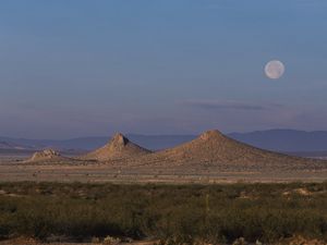 Preview wallpaper moon, sky, desert, mountains, sand, vegetation, tops