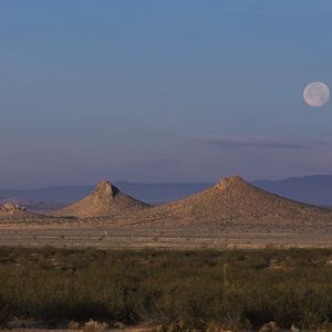 Preview wallpaper moon, sky, desert, mountains, sand, vegetation, tops