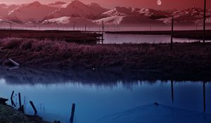 Preview wallpaper moon, sky, pond, wefts, evening, twilight, silence