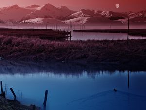 Preview wallpaper moon, sky, pond, wefts, evening, twilight, silence
