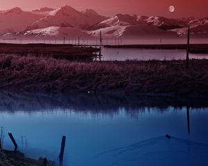 Preview wallpaper moon, sky, pond, wefts, evening, twilight, silence