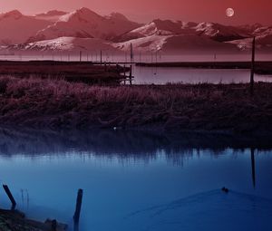 Preview wallpaper moon, sky, pond, wefts, evening, twilight, silence