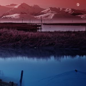 Preview wallpaper moon, sky, pond, wefts, evening, twilight, silence