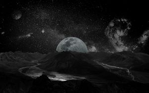 Preview wallpaper moon, space, universe, photoshop, bw