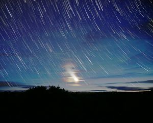 Preview wallpaper moon, star, night, long exposure, movement, darkness