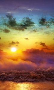 Preview wallpaper moon, sun, decline, evening, merge, day, night, sea, waves, fog, clouds