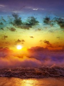 Preview wallpaper moon, sun, decline, evening, merge, day, night, sea, waves, fog, clouds