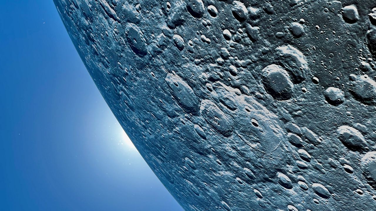 Wallpaper moon, surface, craters, planet, blue