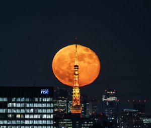 Preview wallpaper moon, tower, buildings, city, lights, night