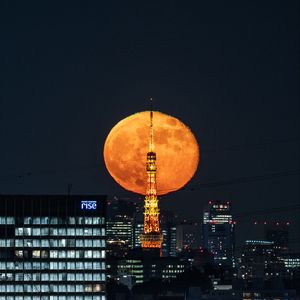 Preview wallpaper moon, tower, buildings, city, lights, night