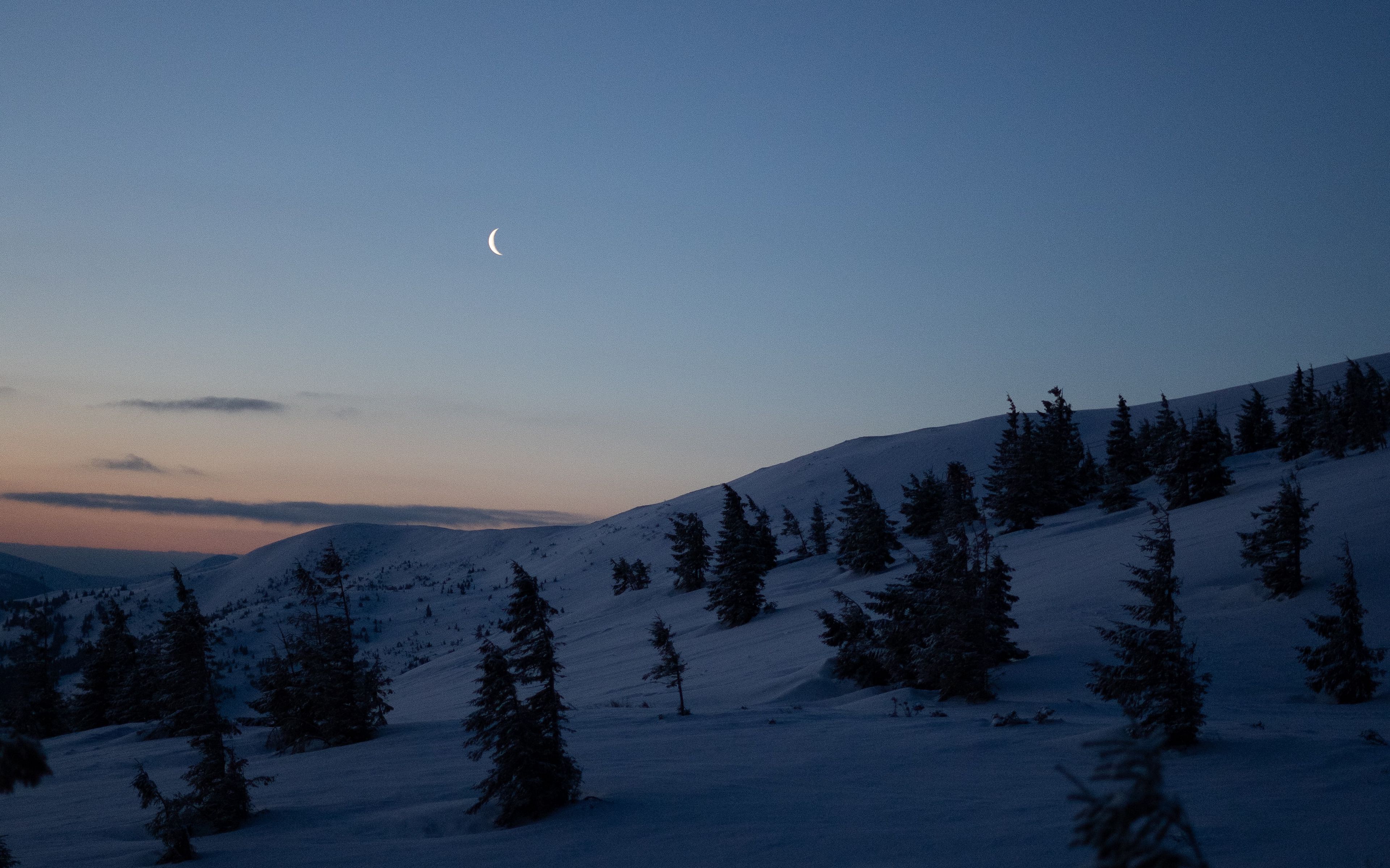 Download wallpaper 3840x2400 moon, trees, hills, night, snow, winter 4k