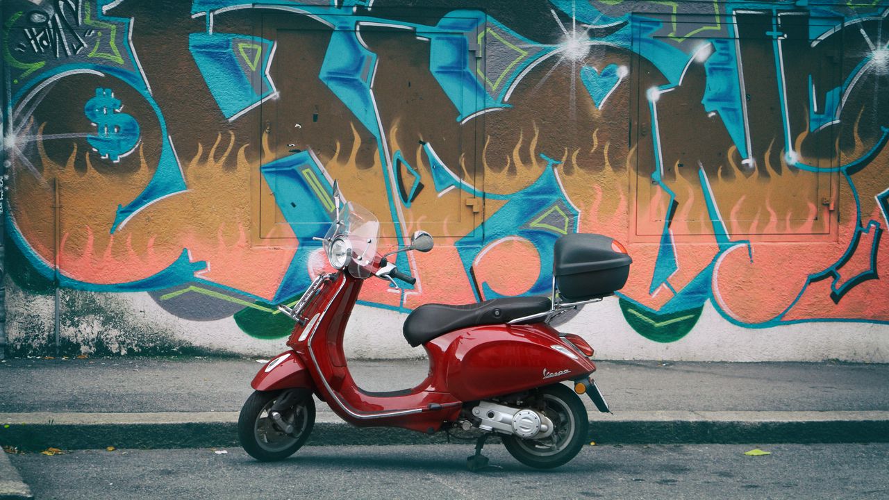 Wallpaper moped, red, wall, graffiti