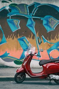 Preview wallpaper moped, red, wall, graffiti
