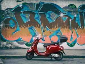 Preview wallpaper moped, red, wall, graffiti