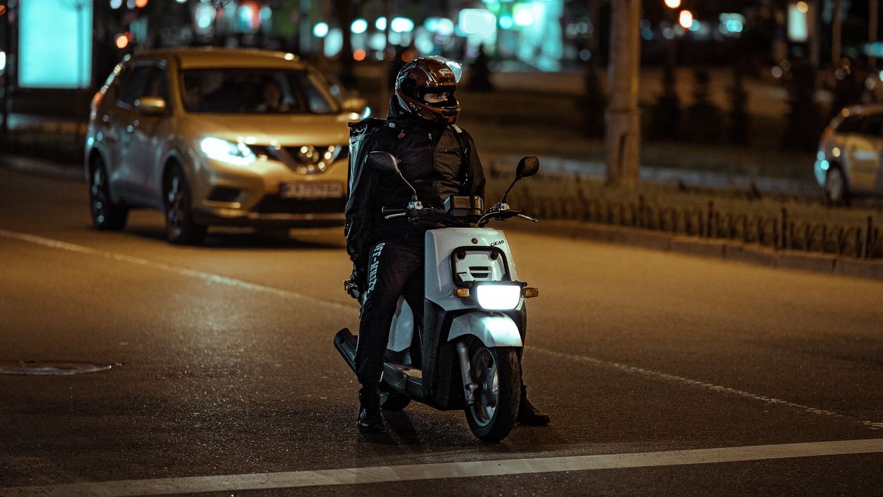 Wallpaper moped, road, night