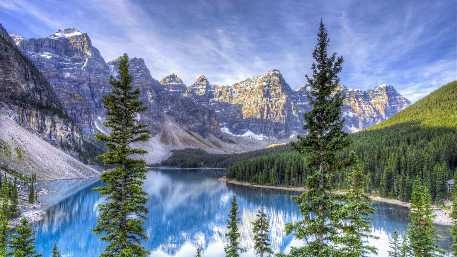 Download wallpaper 1600x900 moraine lake, alberta, canada, hdr ...