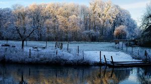 Preview wallpaper morning, lake, frost, freeze, november, fall, fence