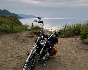 Preview wallpaper motorcycle, bike, beach, sand, sea