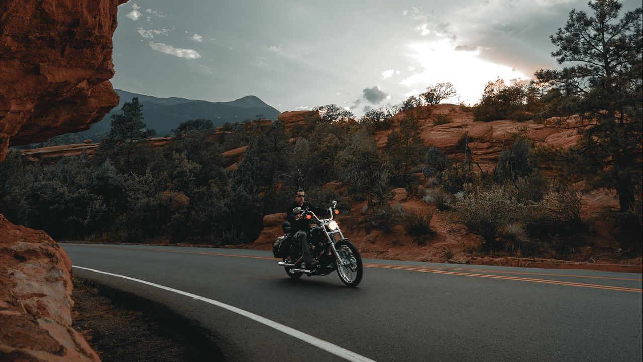 Wallpaper motorcycle, bike, biker, rider, road, rocks