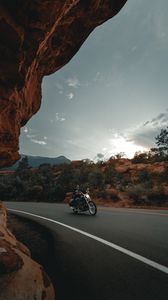 Preview wallpaper motorcycle, bike, biker, rider, road, rocks