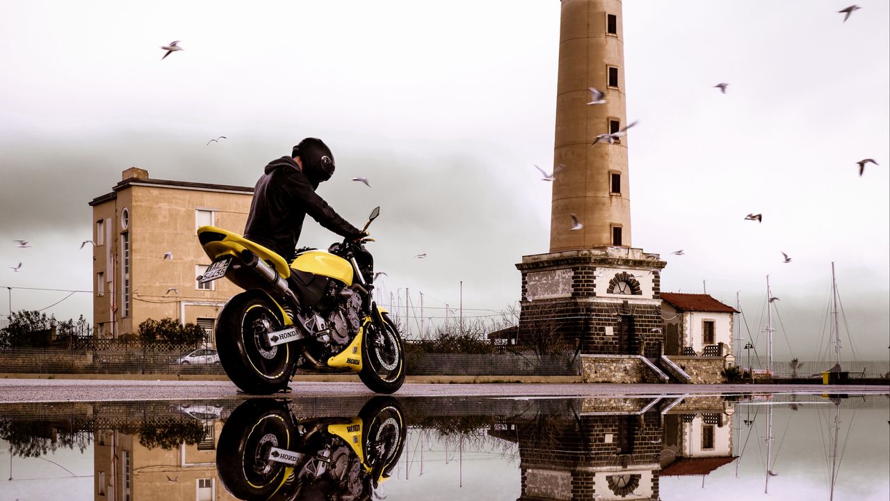 Wallpaper motorcycle, bike, biker, tower, water, reflection