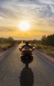 Preview wallpaper motorcycle, bike, biker, motorcyclist, road, sunset