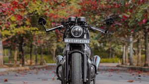 Preview wallpaper motorcycle, bike, black, front view, asphalt, leaves