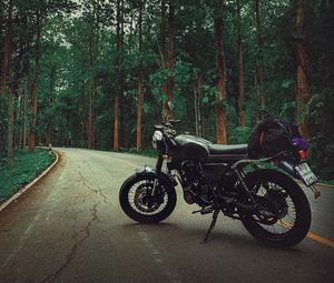 Preview wallpaper motorcycle, bike, black, road, forest