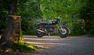 Preview wallpaper motorcycle, bike, black, forest, trees