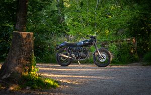 Preview wallpaper motorcycle, bike, black, forest, trees