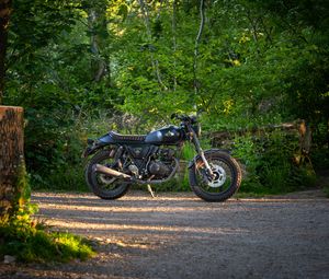 Preview wallpaper motorcycle, bike, black, forest, trees