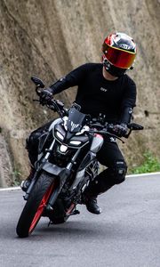 Preview wallpaper motorcycle, bike, black, motorcyclist, road, turn