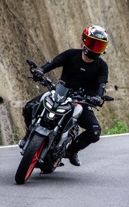 Preview wallpaper motorcycle, bike, black, motorcyclist, road, turn