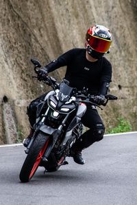 Preview wallpaper motorcycle, bike, black, motorcyclist, road, turn