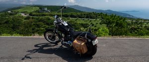 Preview wallpaper motorcycle, bike, black, road, mountains