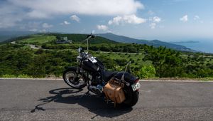 Preview wallpaper motorcycle, bike, black, road, mountains