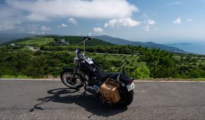 Preview wallpaper motorcycle, bike, black, road, mountains