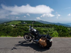 Preview wallpaper motorcycle, bike, black, road, mountains