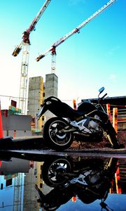 Preview wallpaper motorcycle, bike, black, reflection, water, constructing