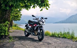 Preview wallpaper motorcycle, bike, black, coast, sea