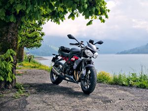 Preview wallpaper motorcycle, bike, black, coast, sea