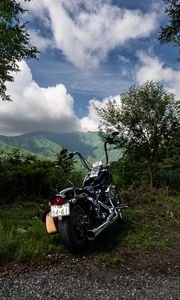 Preview wallpaper motorcycle, bike, black, back view, mountains